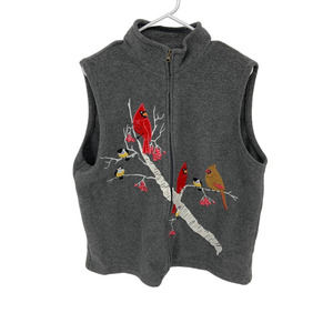 Baxter & Wells Petite Embroidered Cardinal Birds Fleece Gray Vest Zip Up Size XL